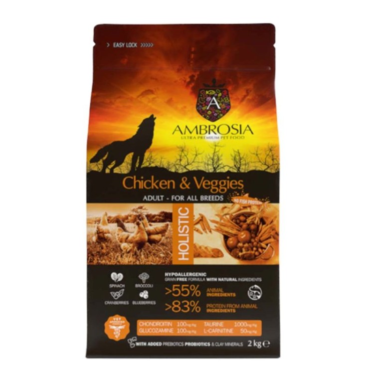 AMBROSIA GRAIN FREE ADULT DOG ALL BREEDS CHICKEN AND VEGIES 12kg