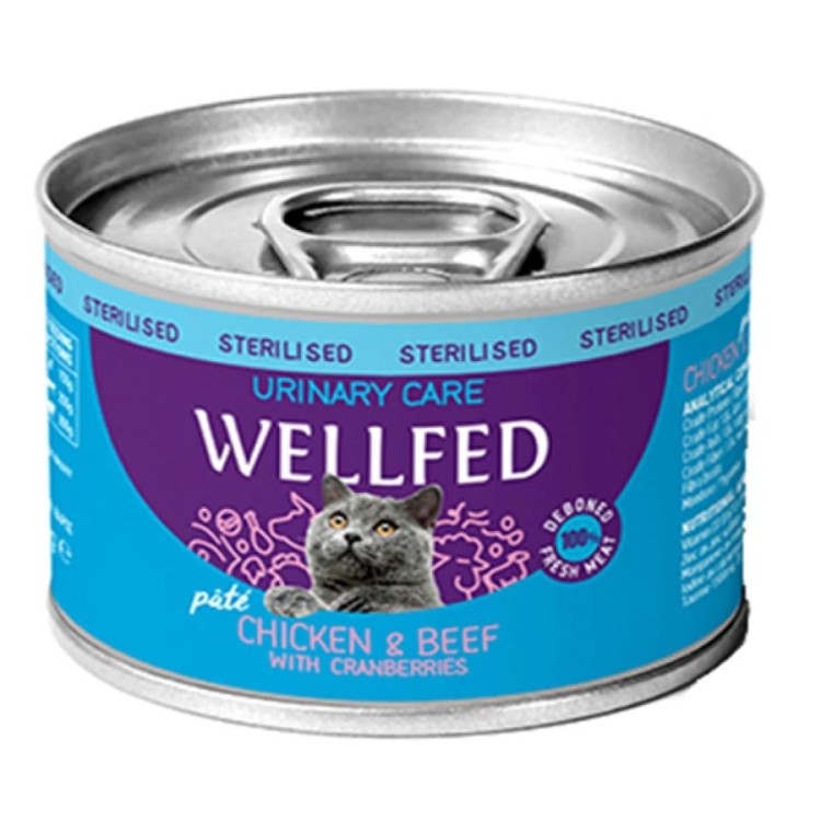 WELLFED URINARY CARE STERILISED ADULT CAT WET FOOD PATE ΚΟΤΟΠΟΥΛΟ ΒΟΔΙΝΟ ΚΑΙ CRANBERRIES 200gr