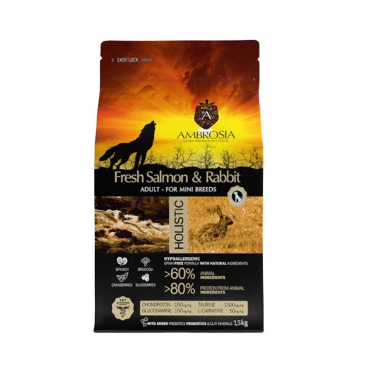 AMBROSIA GRAIN FREE ADULT DOG MINI BREEDS SENSITIVE FRESH SALMON AND RABBIT 1.5kg