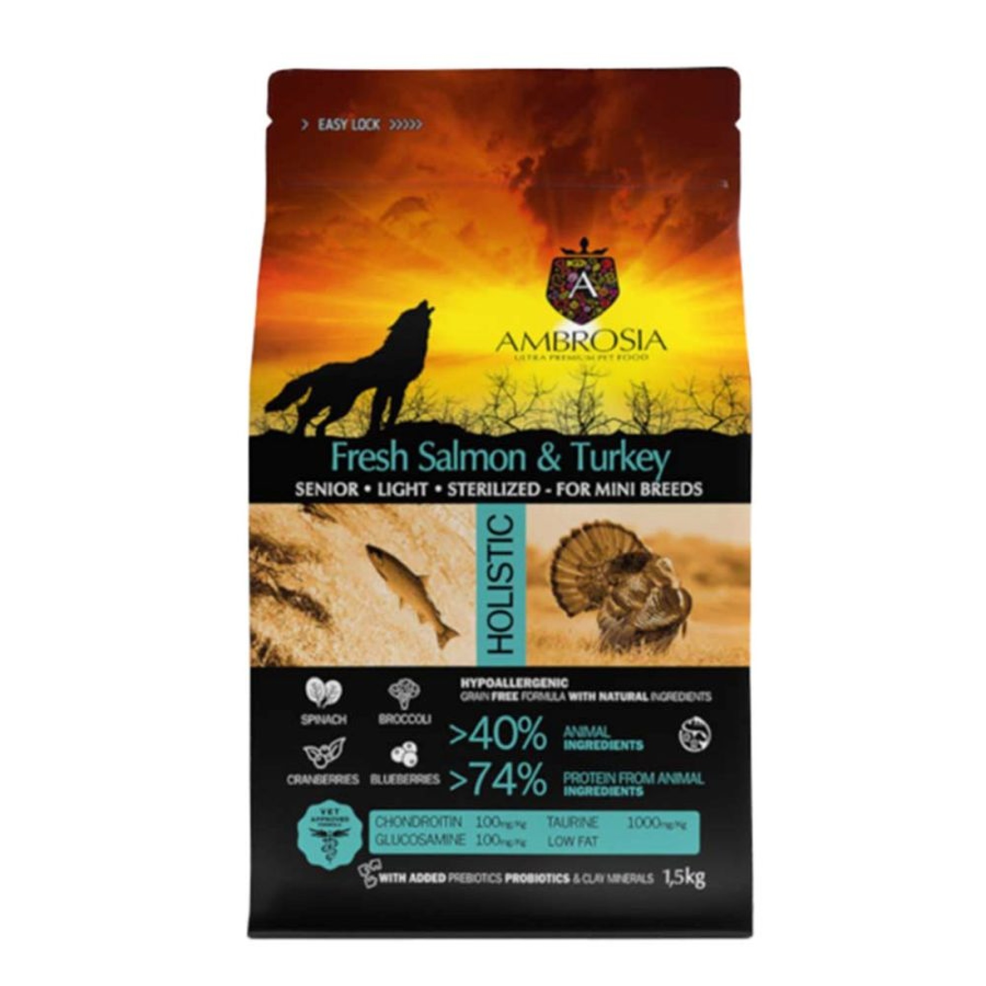 AMBROSIA GRAIN FREE ADULT DOG SENIOR LIGHT MINI BREEDS STERILIZED FRESH SALMON AND TURKEY 1.5kg