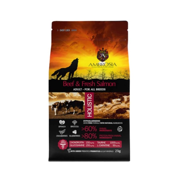 AMBROSIA GRAIN FREE ADULT ALL BREEDS BEEF AND FRESH SALMON 2kg