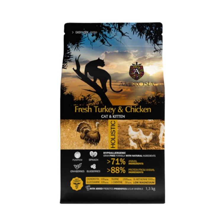AMBROSIA GRAIN FREE KITTEN AND ADULT CAT FRESH TURKEY AND CHICKEN 1.5kg