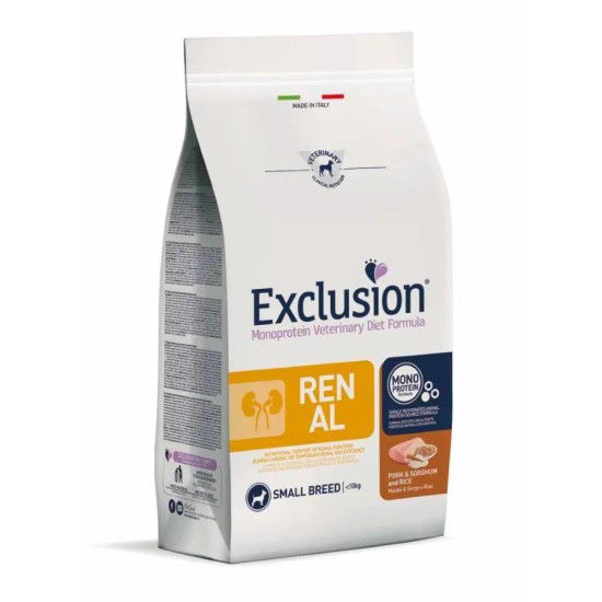 EXCLUSION VETERINARY DIET RENAL PORK SORGHUM AND RICE ADULT DOG SMALL BREEDS 2kg EXCLUSION VETERINARY DIET RENAL PORK SORGHUM AND RICE ADULT DOG SMALL BREEDS 2kg