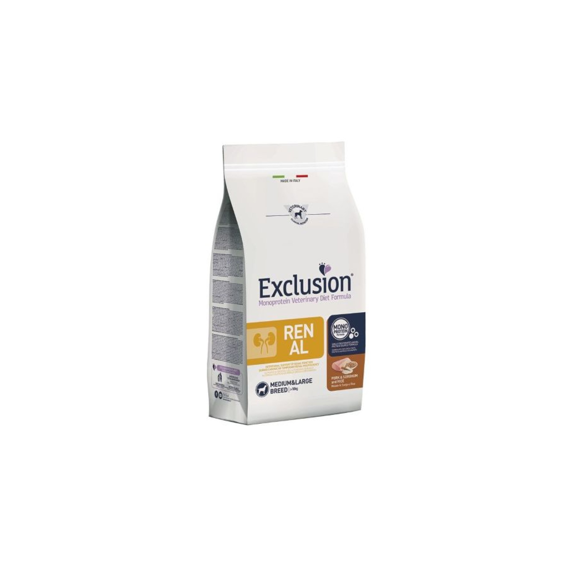EXCLUSION VETERINARY DIET RENAL PORK SORGHUM AND RICE ADULT DOG MEDIUM LARGE BREED 12kg