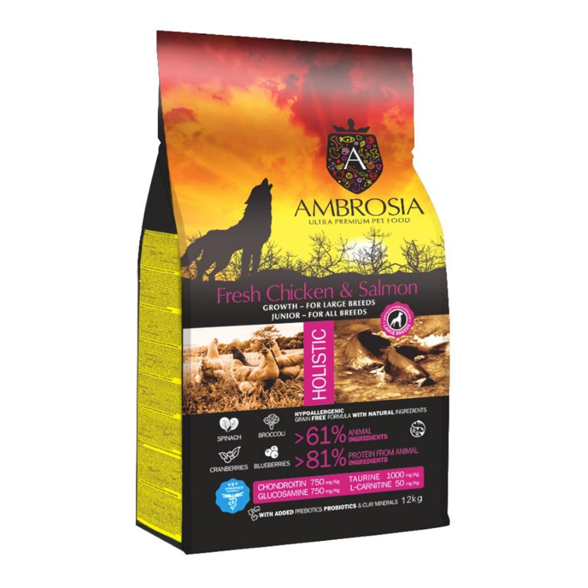 AMBROSIA GRAIN FREE DOG GROWTH LARGE BREED CHICKEN AND SALMON 12kg