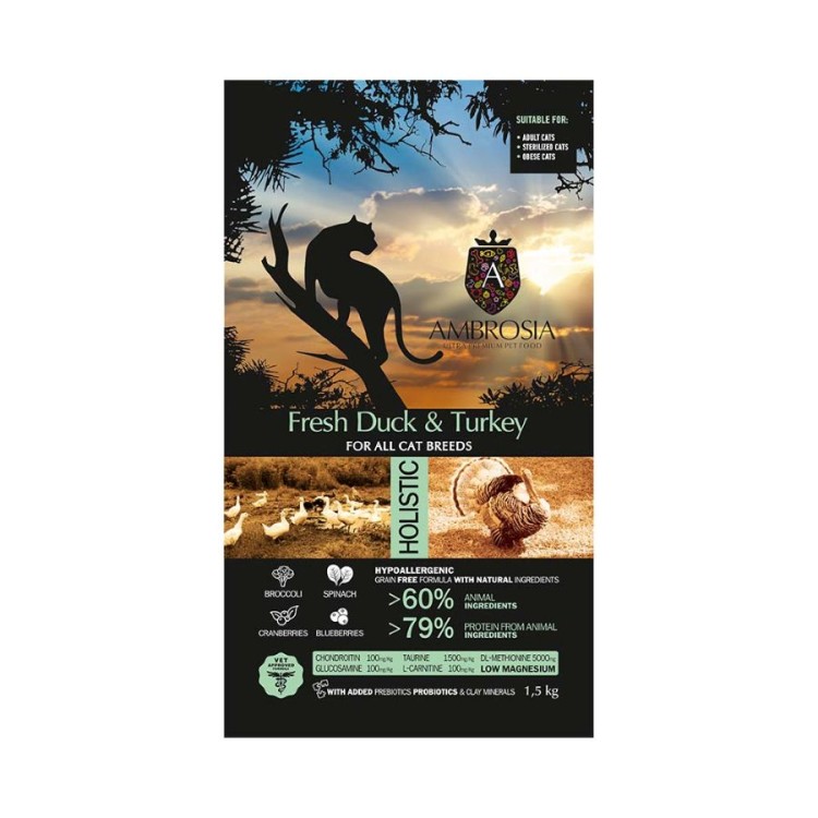 AMBROSIA GRAIN FREE ADULT CAT STERILISED DUCK AND FRESH TURKEY 1.5kg AMBROSIA GRAIN FREE ADULT CAT STERILISED DUCK AND FRESH TURKEY 1.5kg