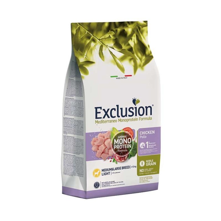 EXCLUSION MEDITERRANEO NOBLE GRAIN CHICKEN LIGHT ADULT DOG MEDIUM AND LARGE BREEDS 3kg EXCLUSION MEDITERRANEO NOBLE GRAIN CHICKEN LIGHT ADULT DOG MEDIUM AND LARGE BREEDS 3kg