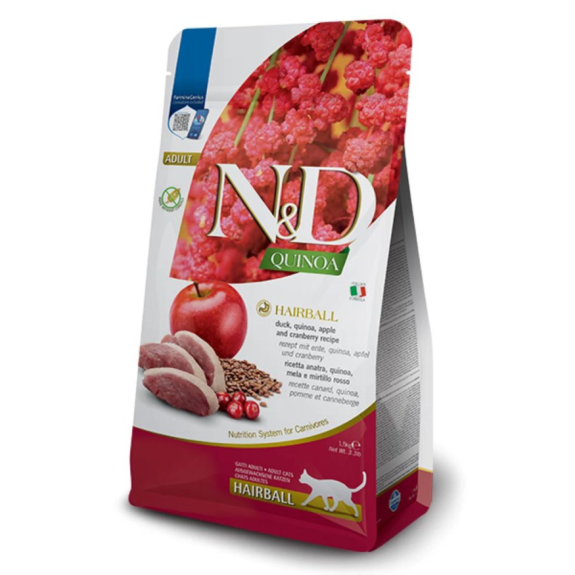 ND GRAIN FREE QUINOA DUCK AND APPLE HAIRBALL ADULT CAT 1.5kg