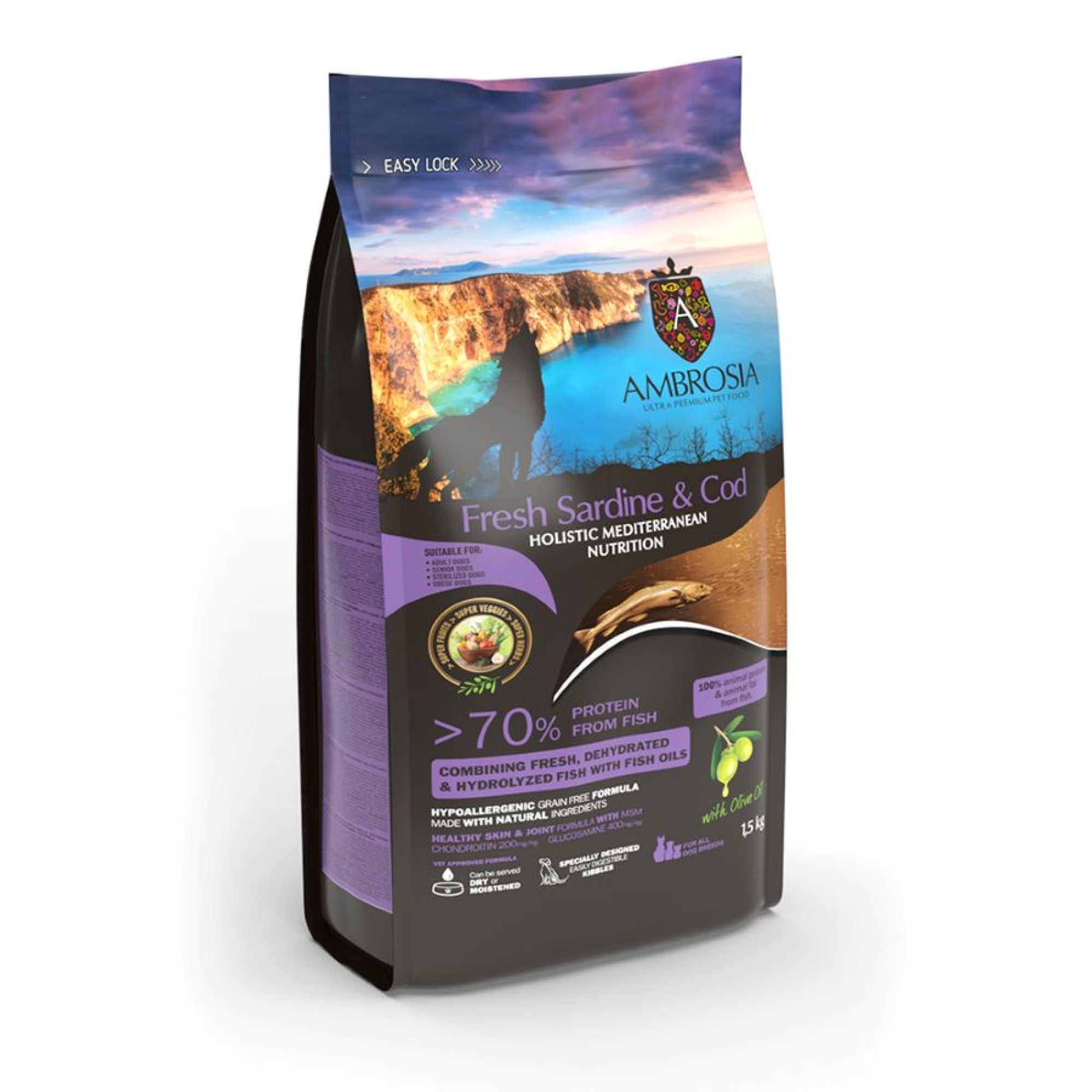 AMBROSIA MEDITERRANEAN GRAIN FREE SENIOR DOG LIGHT STERILIZED FRESH SARDINE AND COD 1.5kg