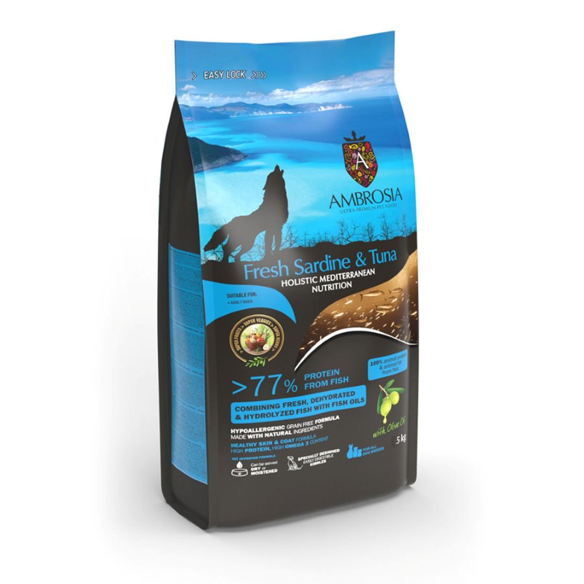 AMBROSIA MEDITERRANEAN GRAIN FREE ADULT DOG FRESH SARDINE AND TUNA 5kg