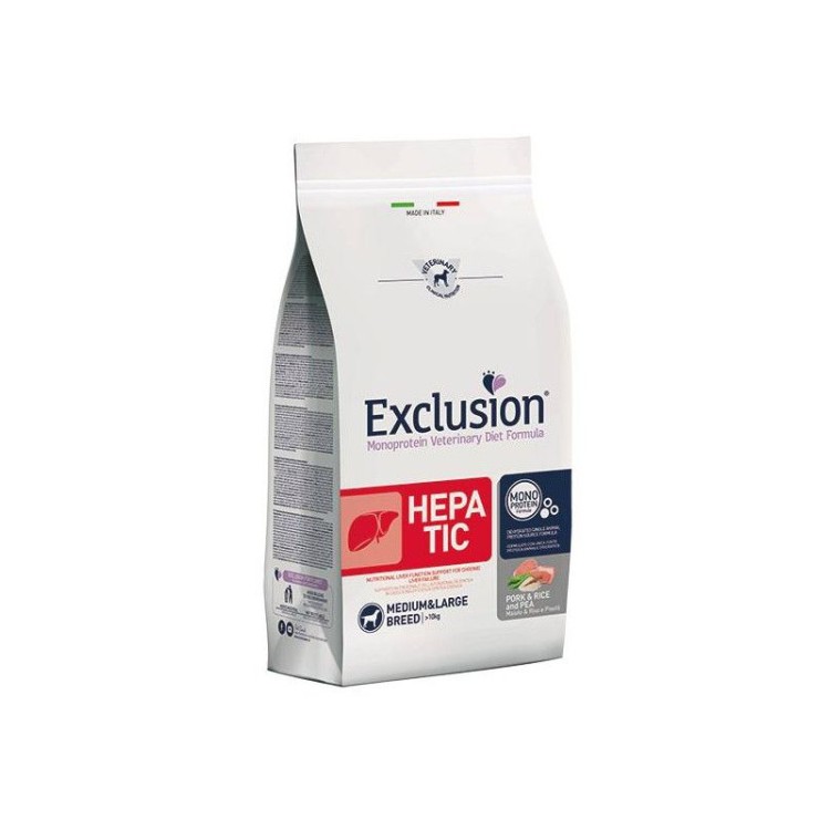 EXCLUSION VETERINARY DIET HEPATIC ADULT DOG MEDIUM AND LARGE BREEDS PORK RICE AND PEA 12kg