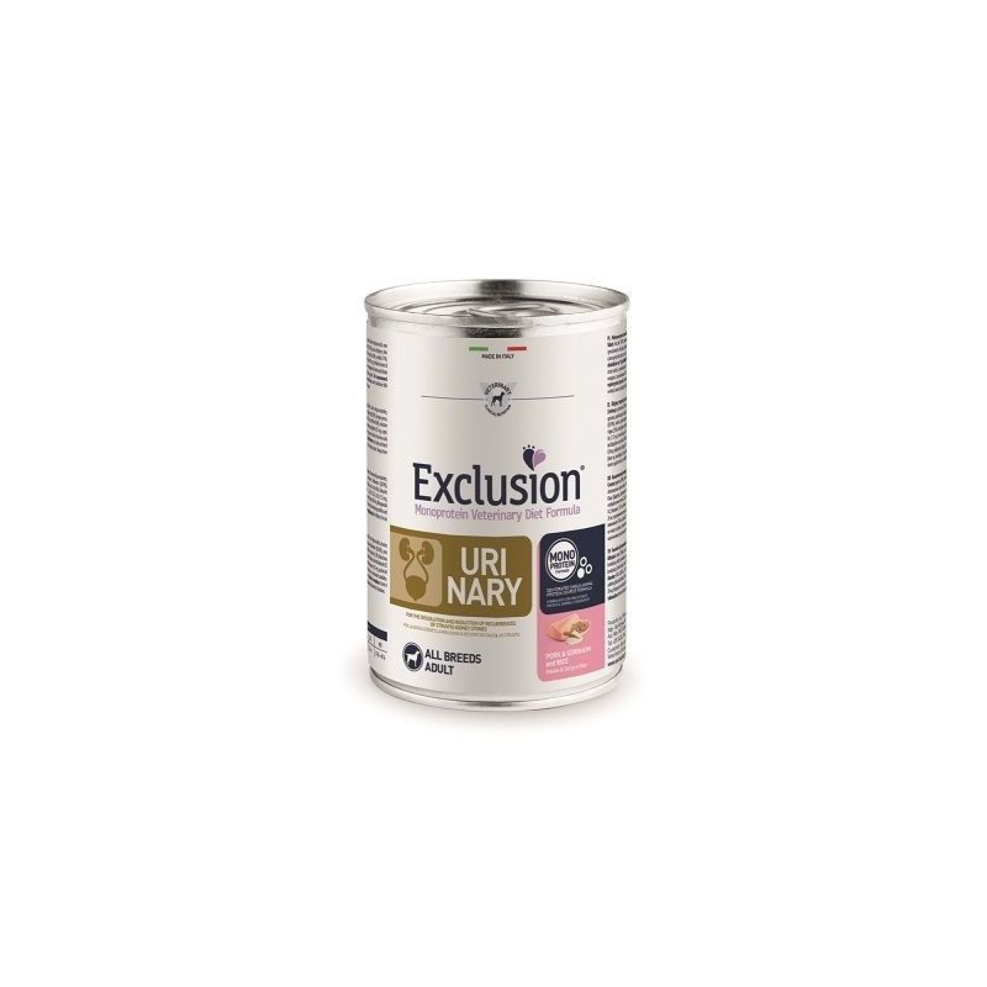 EXCLUSION VETERINARY DIET URINARY ADULT DOG PORK SORGHUM AND RICE CAN 400gr