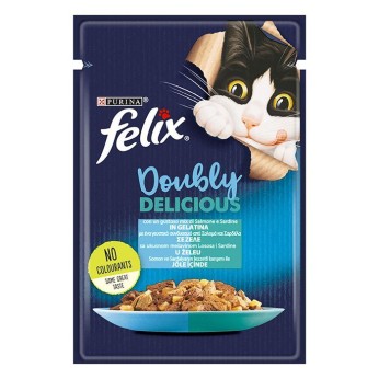 FELIX DOUBLY DELICIOUS ADULT CAT WET FOOD KOMMATAKIA ΣΑΡΔΕΛΑ ΚΑΙ ΣΟΛΟΜΟΣ ΣΕ ΖΕΛΕ 85gr