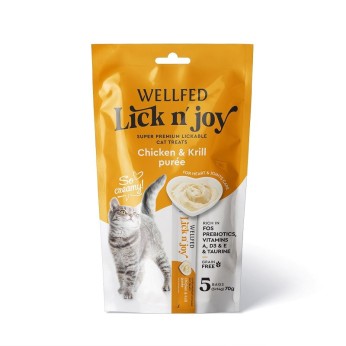 WELLFED LICK N' JOY CREAMY ΛΙΧΟΥΔΙΑ ΓΑΤΑΣ ΜΕ ΚΟΤΟΠΟΥΛΟ ΚΑΙ ΚΡΙΛ 5pcs x 14gr