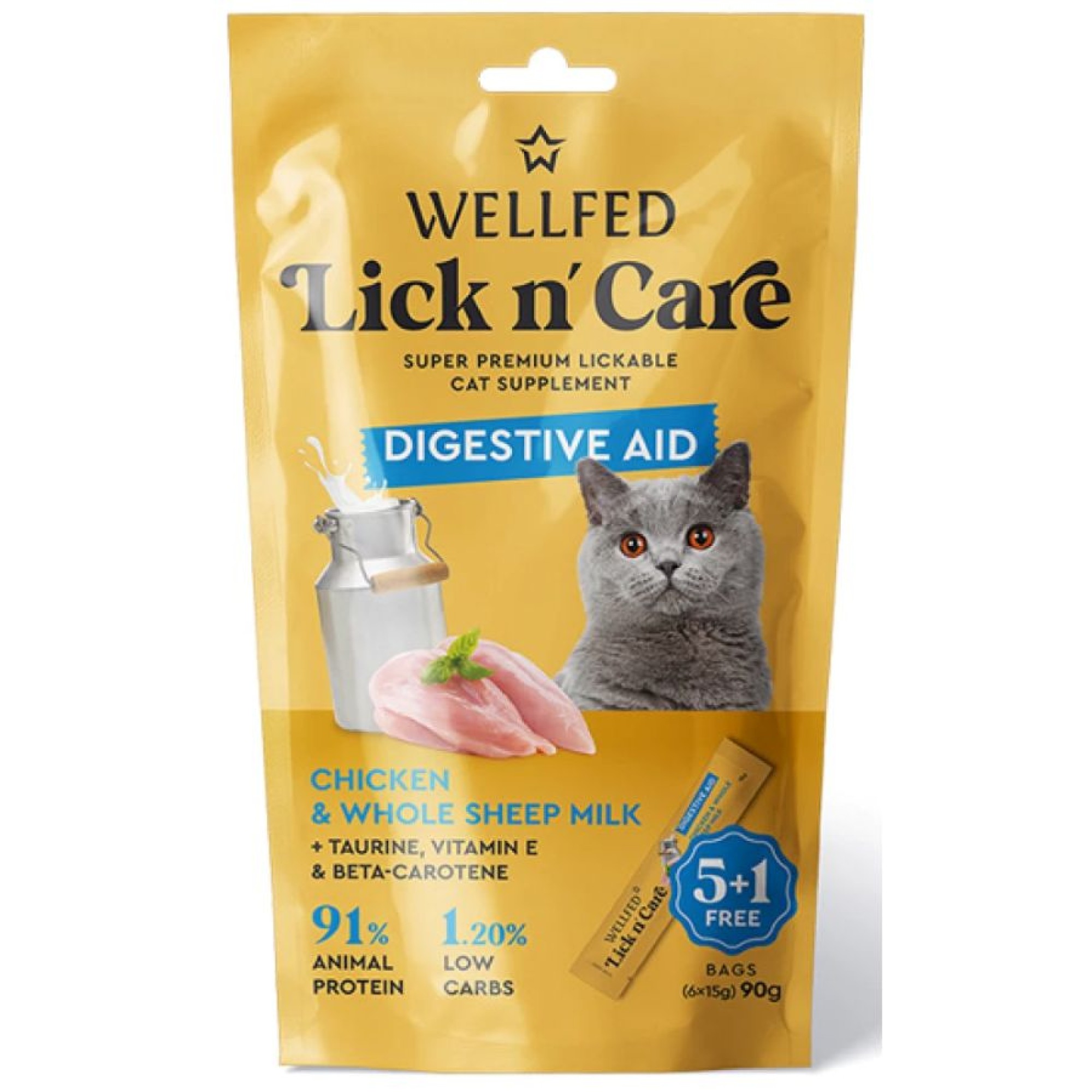 WELLFED LICK N CARE DIGESTICE AID ΚΡΕΜΩΔΗΣ ΛΙΧΟΥΔΙΑ ΜΕ ΚΟΤΟΠΟΥΛΟ ΚΑΙ ΠΛΗΡΕΣ ΠΡΟΒΕΙΟ ΓΑΛΑ 6pcsx15gr