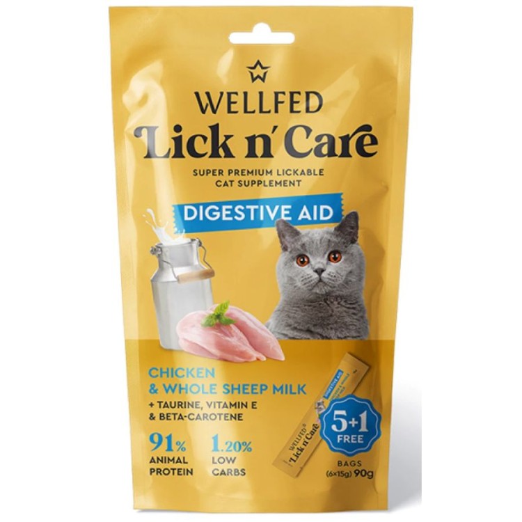 WELLFED LICK N CARE DIGESTICE AID ΚΡΕΜΩΔΗΣ ΛΙΧΟΥΔΙΑ ΜΕ ΚΟΤΟΠΟΥΛΟ ΚΑΙ ΠΛΗΡΕΣ ΠΡΟΒΕΙΟ ΓΑΛΑ 6pcsx15gr