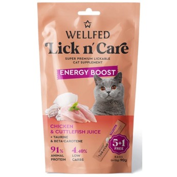 WELLFED LICK N CARE ENERGY BOOST ΚΡΕΜΩΔΗΣ ΛΙΧΟΥΔΙΑ ΓΑΤΑΣ ΜΕ ΚΟΤΟΠΟΥΛΟ ΚΑΙ ΜΕΛΑΝΙ ΣΟΥΠΙΑΣ 6pcsx15gr
