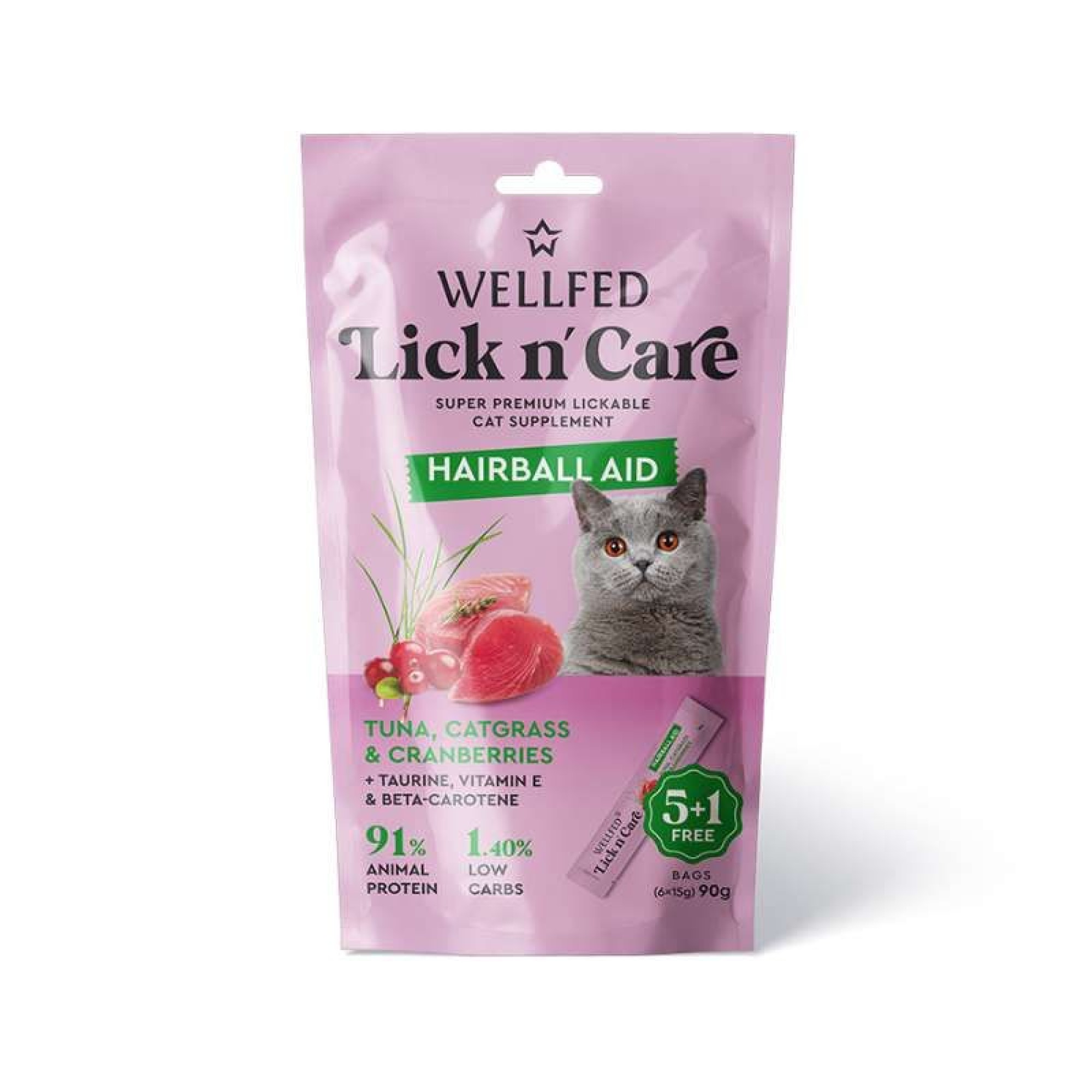 WELLFED LICK N CARE HAIRBALL AID ΚΡΕΜΩΔΗΣ ΛΙΧΟΥΔΙΑ ΓΑΤΑΣ ΜΕ ΤΟΝΟ ΓΑΤΟΧΟΡΤΟ ΚΑΙ CRANBERRIES 6pcsx15gr