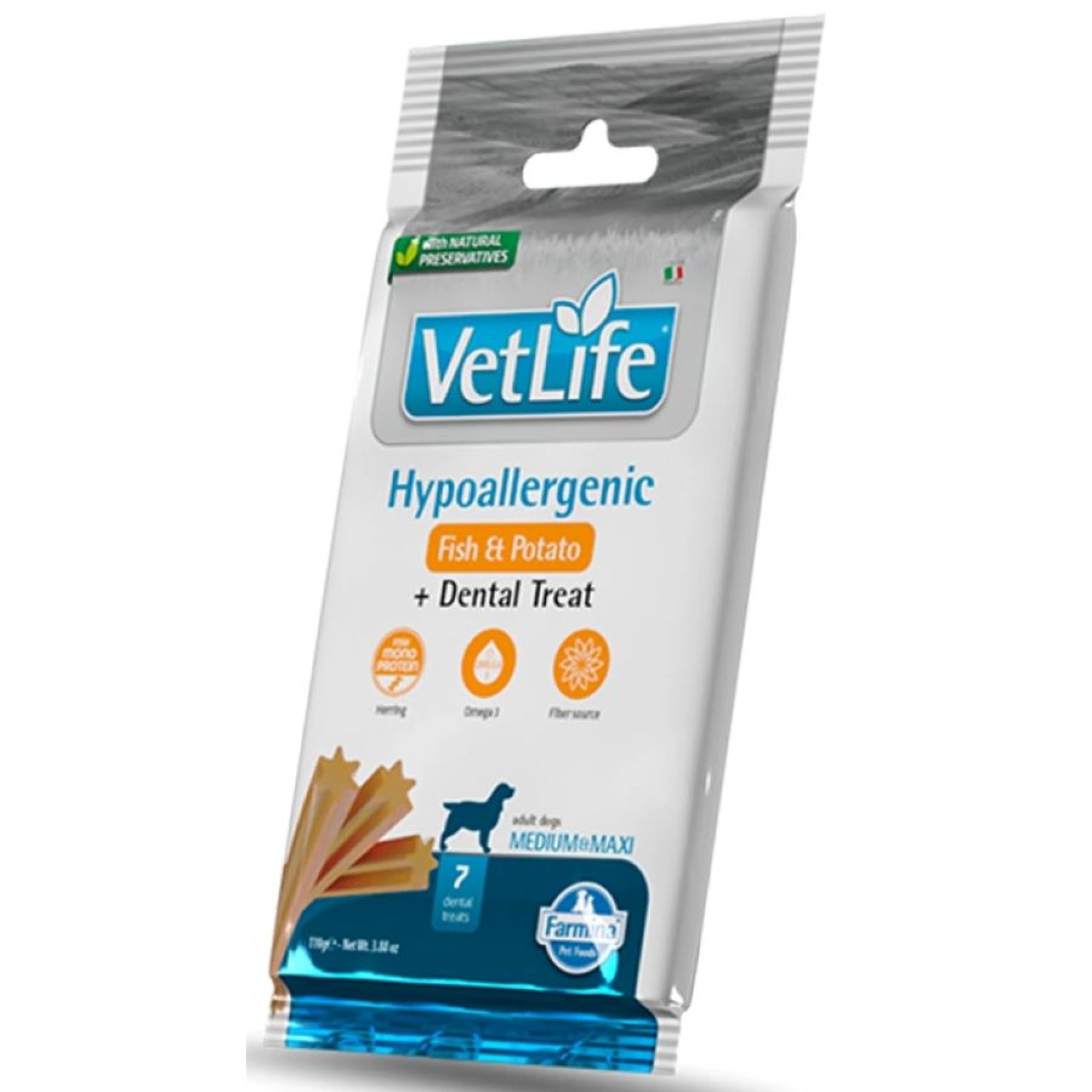 VET LIFE DENTAL TREAT HYPOALLERGENIC ADULT MEDIUM MAXI ΨΑΡΙ ΚΑΙ ΠΑΤΑΤΑ 7 STICKS 110gr