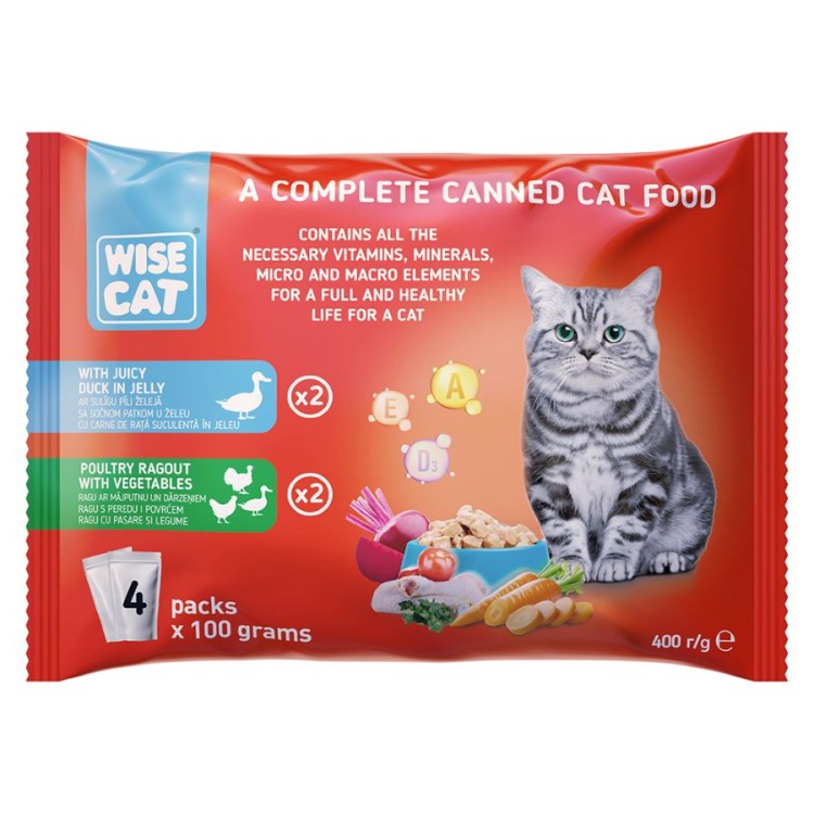 WISE ADULT CAT WET FOOD KOMMATAKIA ΠΑΠΙΑ ΣΕ ΖΕΛΕ KAI ΠΟΥΛΕΡΙΚA ΡΑΓΟΥ ΜΕ ΛΑΧΑΝΙΚΑ 100gr x 4pcs