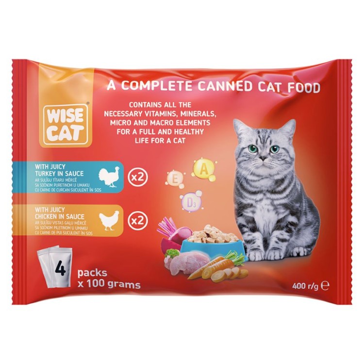 WISE CAT ADULT CAT WET FOOD KOMMATAKIA ΓΑΛΟΠΟΥΛΑΣ KAI ΚΟΤΟΠΟΥΛΟ ΣΕ ΣΑΛΤΣΑ 100gr x 4pcs