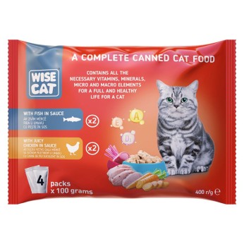 WISE CAT ADULT CAT WET FOOD KOMMATAKIA ΨΑΡΙ KAI ΚΟΤΟΠΟΥΛΟ ΣΕ ΣΑΛΤΣΑ 100gr x 4pcs