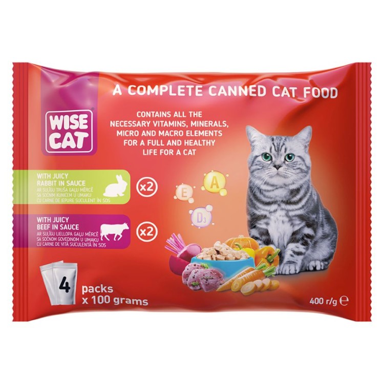 WISE CAT ADULT CAT WET FOOD KOMMATAKIA ΚΟΥΝΕΛΙ KAI ΜΟΣΧΑΡΙ ΣΕ ΣΑΛΤΣΑ 100gr x 4pcs