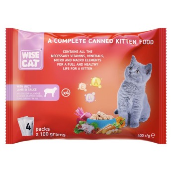 WISE CAT KITTEN CAT WET FOOD KOMMATAKIA ΑΡΝΙ ΣΕ ΣΑΛΤΣΑ 100gr x 4pcs