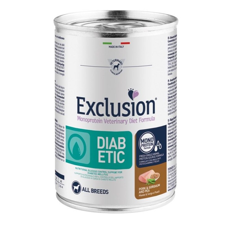 EXCLUSION VETERINARY DIET DIABETIC ADULT DOG PORK SORGHUM AND PEA CAN 400gr