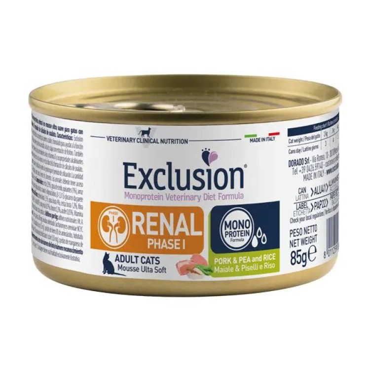 EXCLUSION VETERINARY DIET RENAL PHASE I ADULT CAT PORK PEA AND RICE MOUSSE CAN 85gr EXCLUSION VETERINARY DIET RENAL PHASE I ADULT CAT PORK PEA AND RICE MOUSSE CAN 85gr