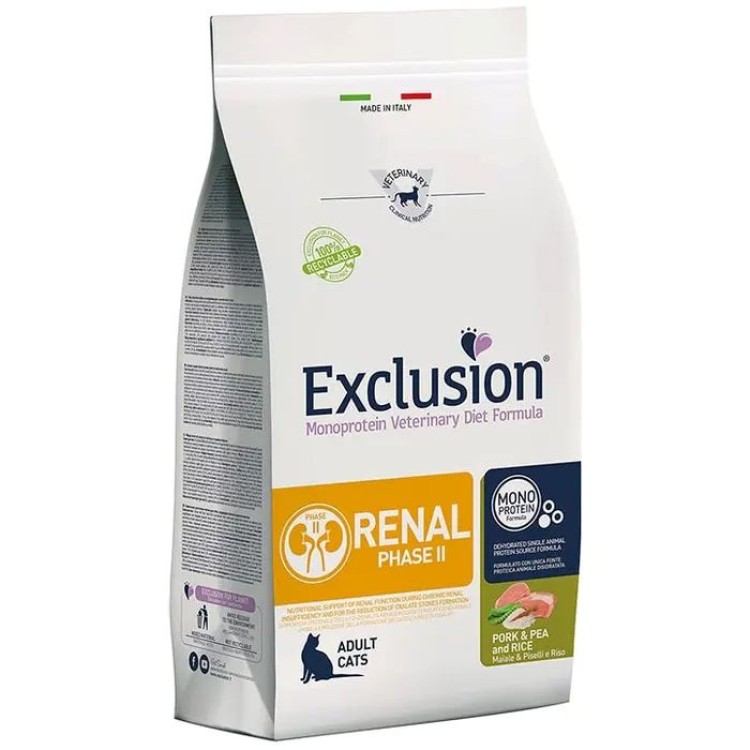 EXCLUSION VETERINARY DIET RENAL PHASE II ADULT CAT PORK PEA AND RICE 1.5kg