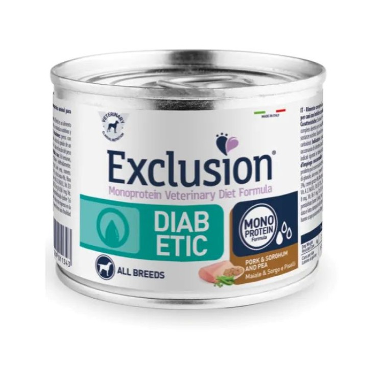 EXCLUSION VETERINARY DIET DIABETIC ADULT DOG PORK SORGHUM AND PEA CAN 200gr