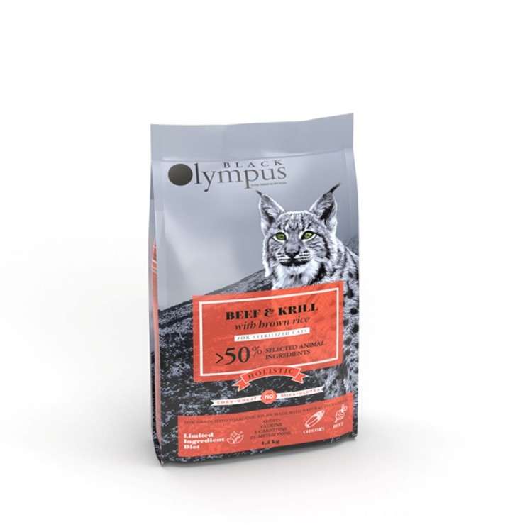 BLACK OLYMPUS LOW GRAIN STERILISED ADULT CAT ΒΟΔΙΝΟ ΚΑΙ ΚΡΙΛ 1.5kg