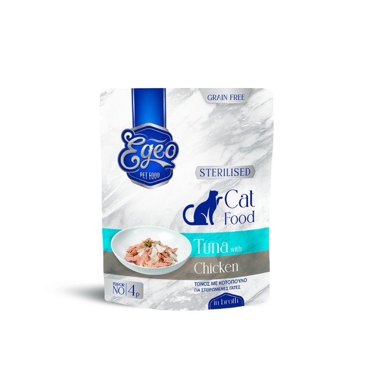 EGEO STERILISED ADULT CAT GRAIN FREE WET FOOD ΤΟΝΟΣ ΜΕ ΚΟΤΟΠΟΥΛΟ ΣΕ ΖΩΜΟ 85gr