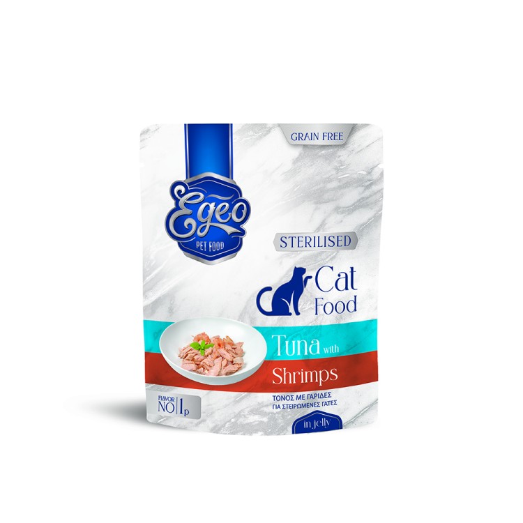 EGEO STERILISED ADULT CAT GRAIN FREE WET FOOD ΤΟΝΟΣ ΜΕ ΓΑΡΙΔΕΣ ΣΕ ΖΕΛΕ 85gr