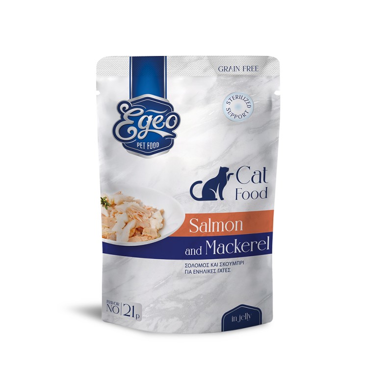 EGEO ADULT CAT GRAIN FREE STERILISED SUPPORT WET FOOD ΣΟΛΟΜΟΣ ΚΑΙ ΣΚΟΥΜΠΡΙ ΣΕ ΖΕΛΕ 85gr