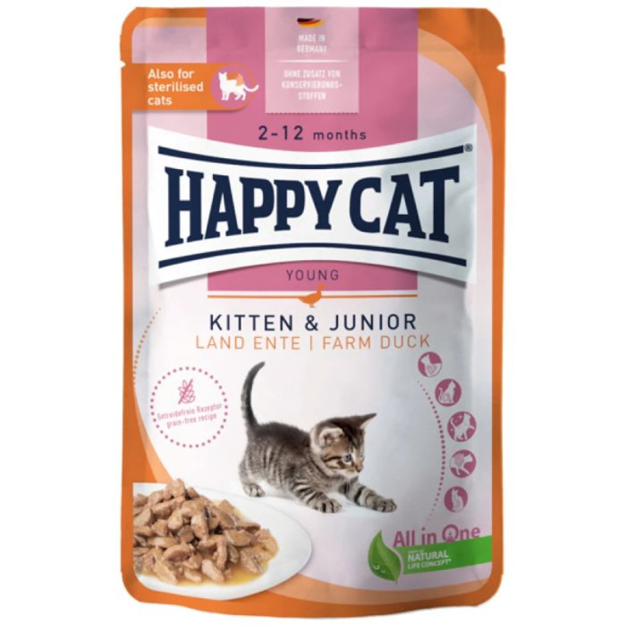 HAPPY CAT MEAT IN SAUCE STERILISED KITTEN AND JUNIOR CAT WET FOOD POUCH DUCK 85gr