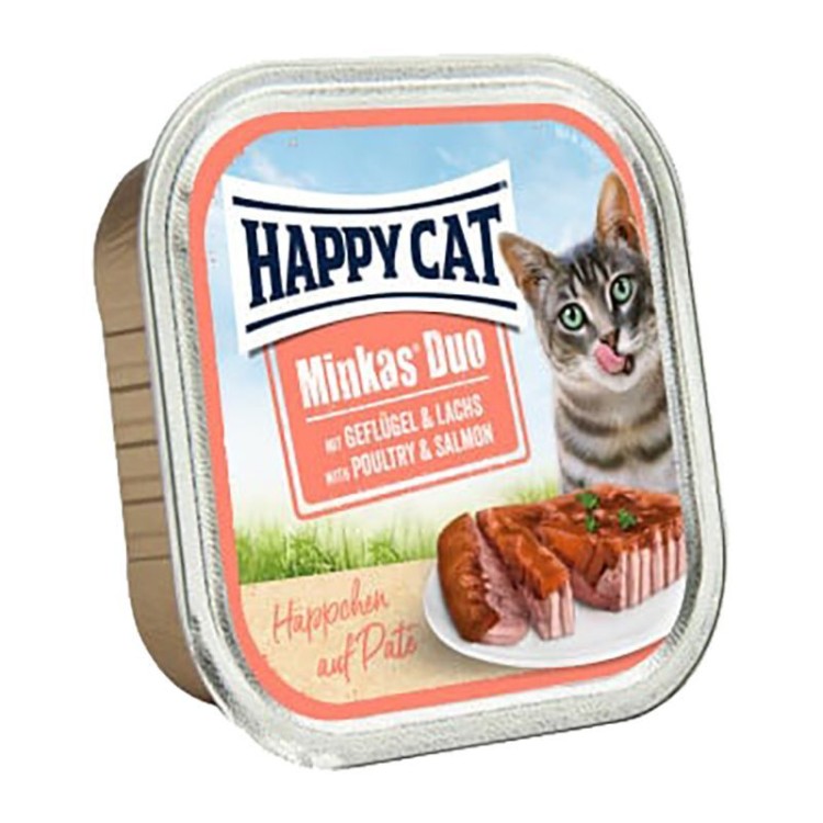 HAPPY CAT MINKAS DUO  ADULT CAT WET FOOD CAN PATE POULTRY AND SALMON 100gr