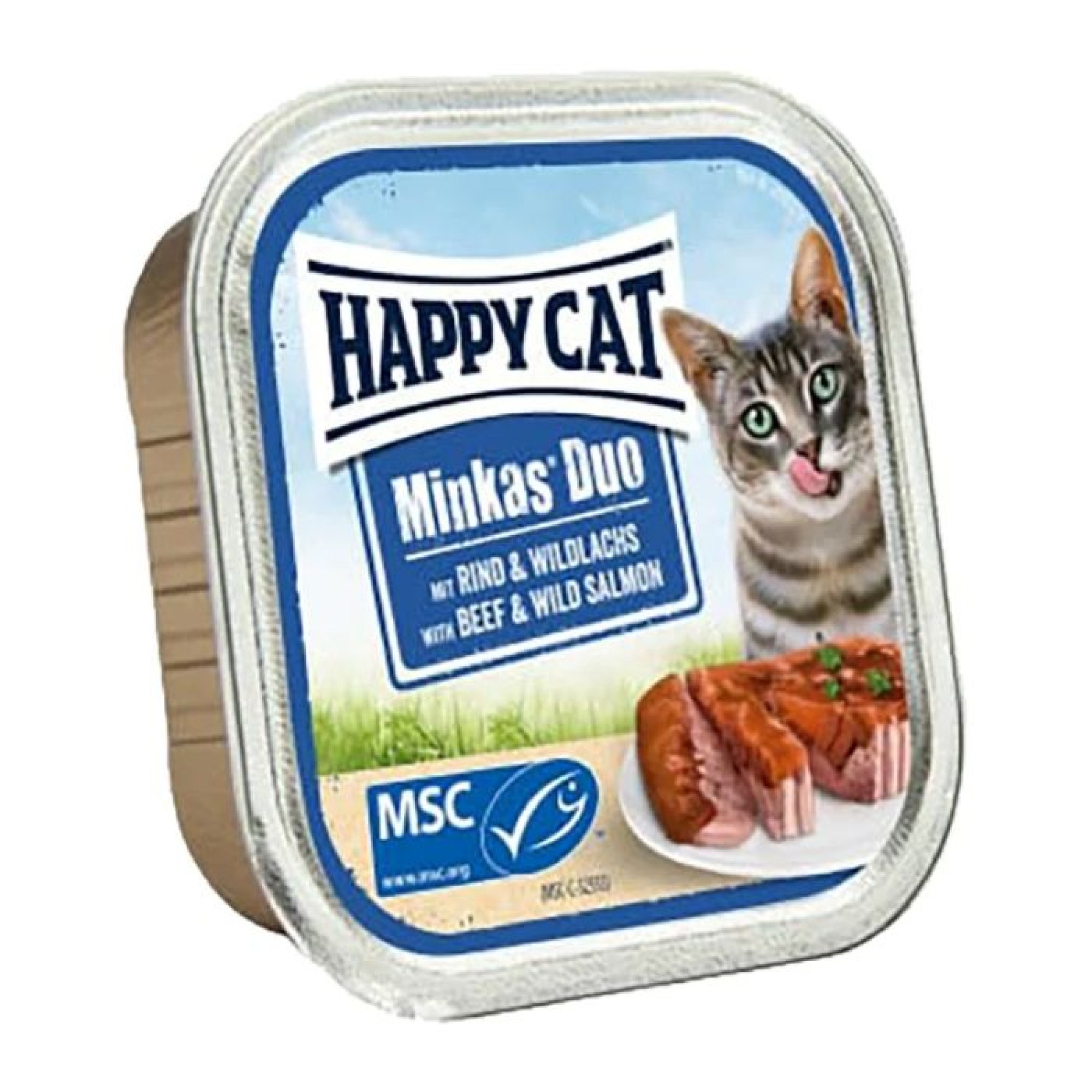 HAPPY CAT MINKAS DUO  ADULT CAT WET FOOD CAN PATE BEEF AND SALMON 100gr