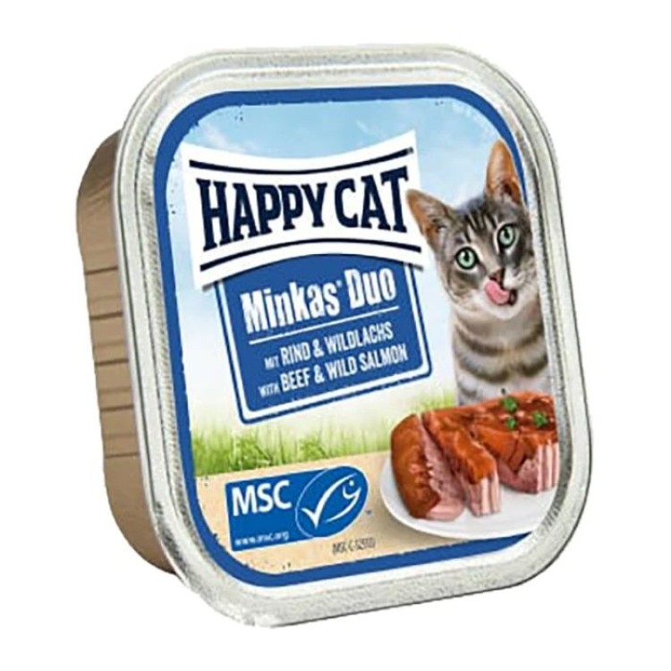 HAPPY CAT MINKAS DUO  ADULT CAT WET FOOD CAN PATE BEEF AND SALMON 100gr