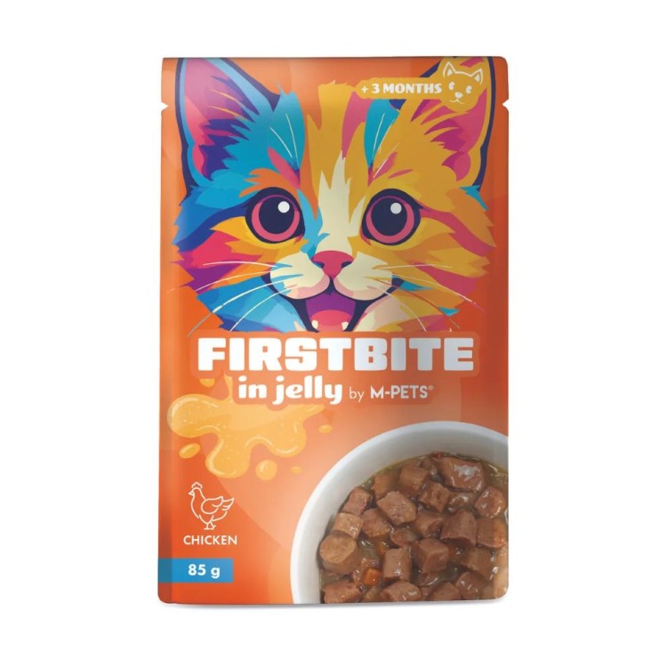 MPETS FIRSTBITES WET FOOD JUNIOR AND ADULT CAT ΜΕ ΚΟΜΜΑΤΑΚΙΑ ΚΟΤΟΠΟΥΛΟ ΣΕ ΖΕΛΕ 85gr