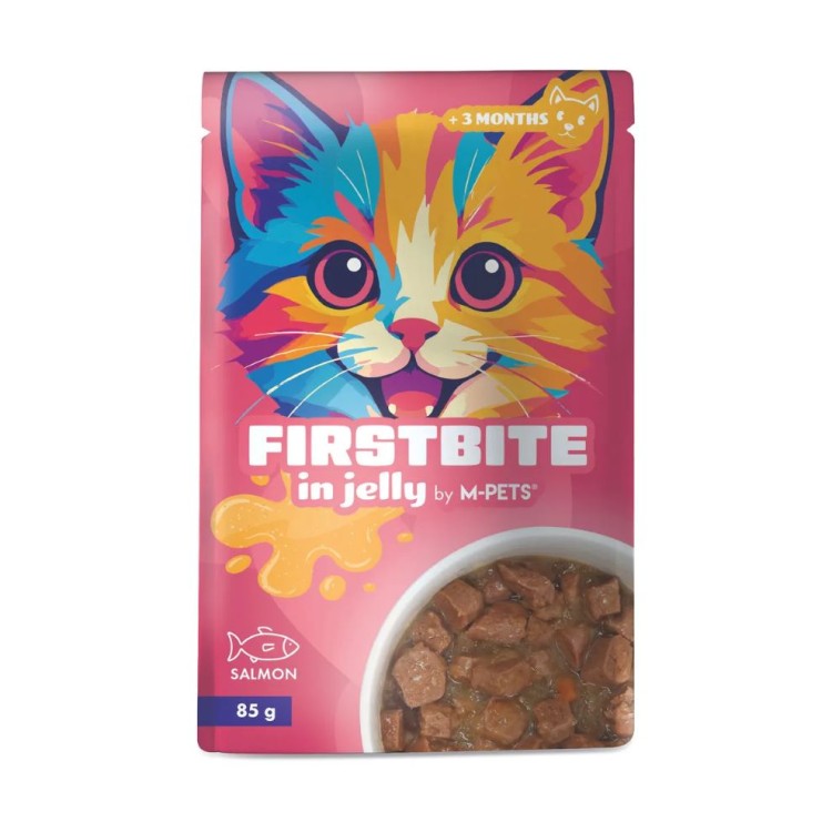 MPETS FIRSTBITES WET FOOD JUNIOR AND ADULT CAT ΜΕ ΚΟΜΜΑΤΑΚΙΑ ΣΟΛΟΜΟΥ ΣΕ ΖΕΛΕ 85gr