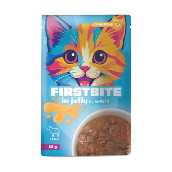 MPETS FIRSTBITES WET FOOD JUNIOR AND ADULT CAT ΜΕ ΚΟΜΜΑΤΑΚΙΑ ΑΡΝΙ ΣΕ ΖΕΛΕ 85gr