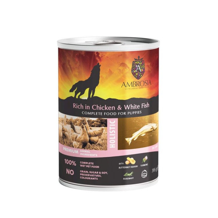 AMBROSIA HOLISTIC PUPPY DOG WET FOOD ΜΕ ΚΟΤΟΠΟΥΛΟ ΛΕΥΚΟ ΨΑΡΙ ΚΑΙ ΚΟΛΟΚΥΘΑ 395gr
