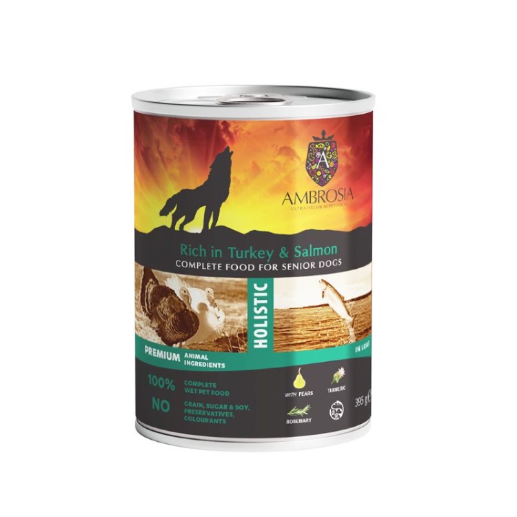 AMBROSIA HOLISTIC SENIOR DOG WET FOOD ΜΕ ΓΑΛΟΠΟΥΛΑ ΣΟΛΟΜΟ ΚΑΙ ΑΧΛΑΔΙ 395gr