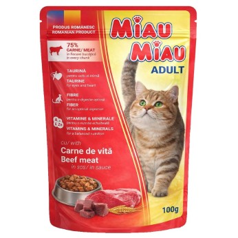 MIAU MIAU ADULT CAT WET FOOD ΚΟΜΜΑΤΑΚΙΑ ΒΟΔΙΝΟ ΣΕ ΣΑΛΤΣΑ 100gr