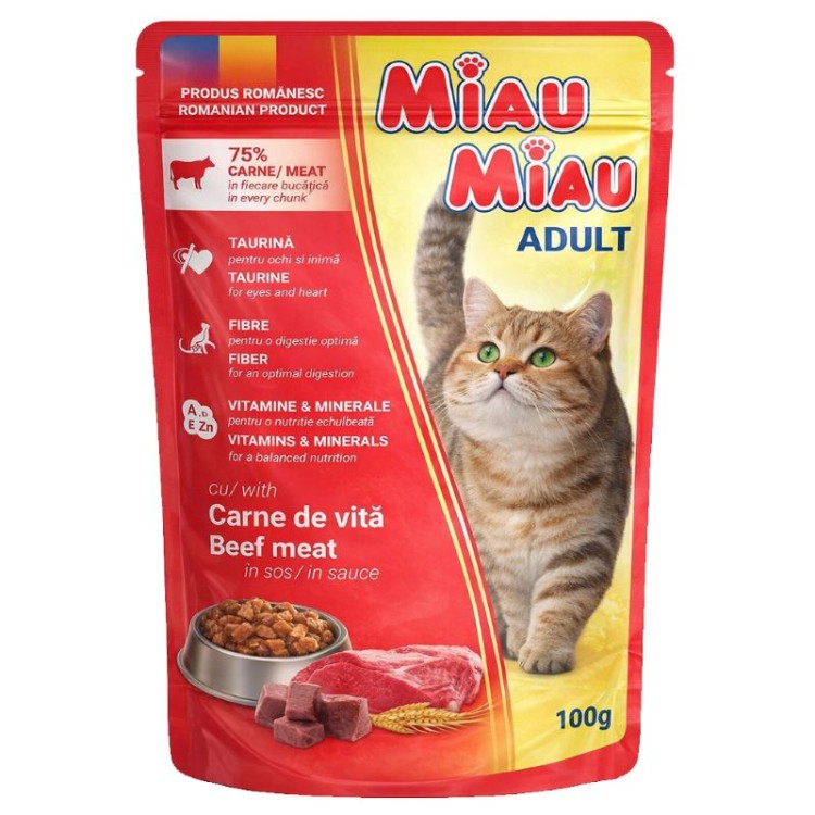MIAU MIAU ADULT CAT WET FOOD ΚΟΜΜΑΤΑΚΙΑ ΒΟΔΙΝΟ ΣΕ ΣΑΛΤΣΑ 100gr