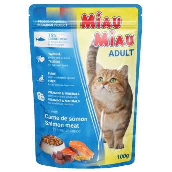 MIAU MIAU ADULT CAT WET FOOD ΚΟΜΜΑΤΑΚΙΑ ΣΟΛΟΜΟΣ ΣΕ ΣΑΛΤΣΑ 100gr