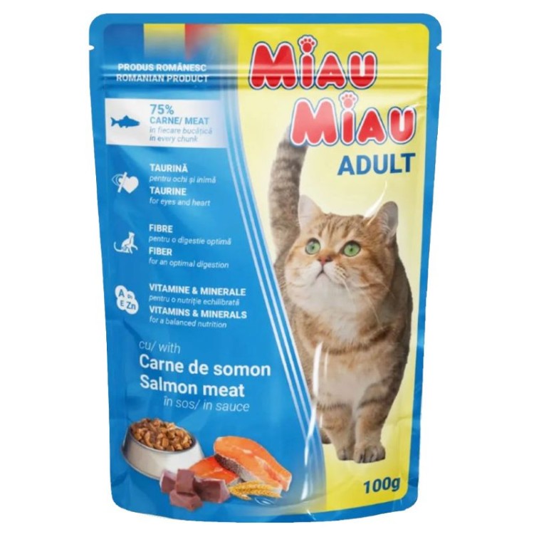 MIAU MIAU ADULT CAT WET FOOD ΚΟΜΜΑΤΑΚΙΑ ΣΟΛΟΜΟΣ ΣΕ ΣΑΛΤΣΑ 100gr
