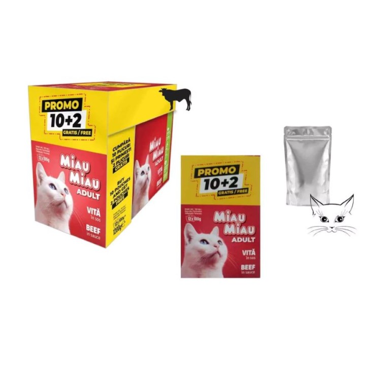 MIAU MIAU ADULT CAT WET FOOD ΚΟΜΜΑΤΑΚΙΑ ΒΟΔΙΝΟ ΣΕ ΣΑΛΤΣΑ 10pcs x 100gr ΚΑΙ 2 ΔΩΡΟ